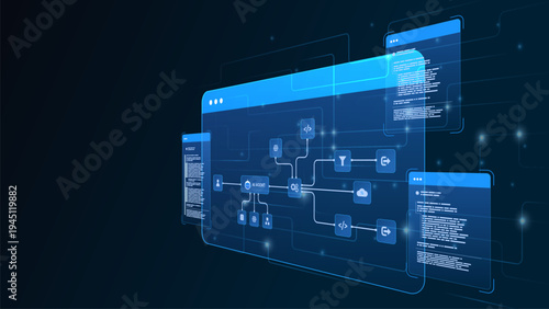 AI workflow automation artificial intelligence. ai agent workflow diagram dashboard machine learning architecture data processing flow, coding panels and automation system.