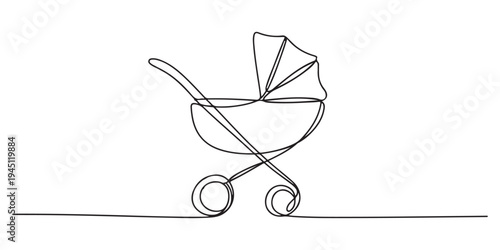 baby stroller woman drawn in one line style. Vector illustration.  one continuous line drawing of baby stroller.one line drawing of baby stroller. single line baby equipment.one line vector.