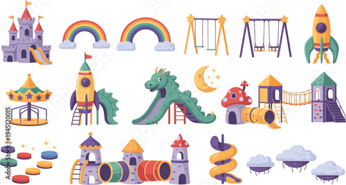Fantasy Kids Playground Equipment Collection with Castle Slides Rainbow Swings Rocket Towers Dragon Slides and Magical Play Structures Vector Set