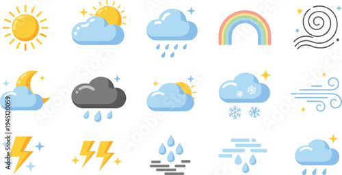 Weather Forecast Icon Set with Sun Cloud Rain Wind Snow Rainbow Thunder Storm Symbols for Meteorology Apps Websites and Climate UI Design