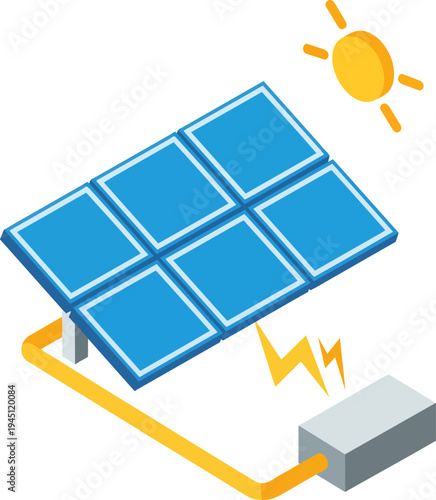 Isometric illustration of a solar panel system generating clean electricity from sunlight and storing it in a power unit with lightning bolts.