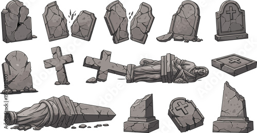 Broken Cemetery Gravestone and Ruined Monument Collection with Cracked Tombstones Fallen Crosses and Spooky Graveyard Stone Elements Vector Illustration Set