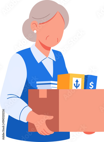 An older woman with grey hair carrying a large cardboard box filled with various items, including packages with an anchor and dollar sign.
