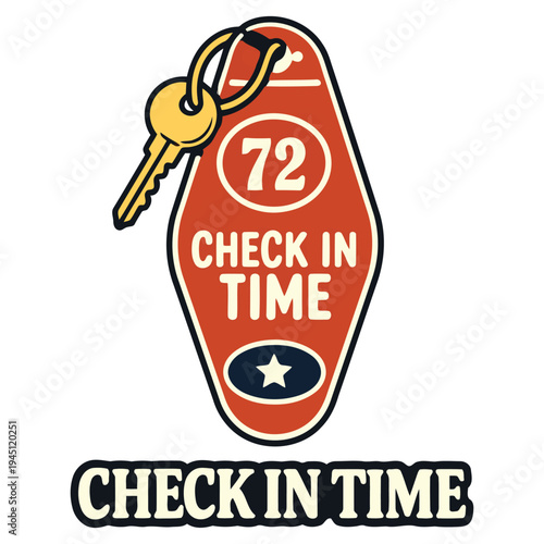 Vintagestyle red motel keychain with golden key and check in time text isolated illustration design