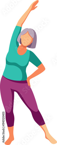An illustration of an older woman with grey hair doing a side stretch exercise, wearing a teal top and purple leggings.