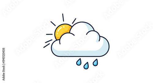 Modern Weather Icon of Sun Behind Cloud with Falling Raindrops Isolated on White
