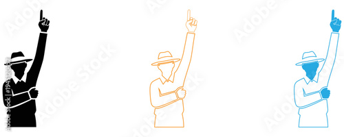 Three businessmen pointing upwards with index finger