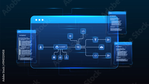 AI workflow automation artificial intelligence. ai agent workflow diagram dashboard machine learning architecture data processing flow, coding panels and automation system.