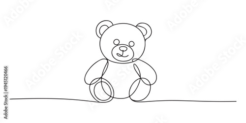 One continuous line drawing of Teddy bear. Soft toy symbol of friendships childrens in simple linear style. Concept for birthday gift and greeting card in editable stroke. Doodle vector illustration