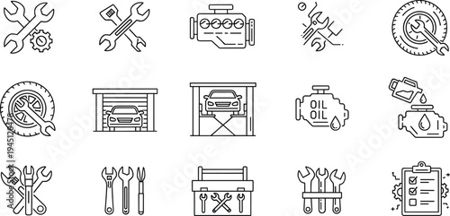 Auto Repair and Car Service Icon Set Featuring Engine, Wrench Tools, Garage Lift, Oil Change and Vehicle Maintenance Symbols for Automotive Workshop Design