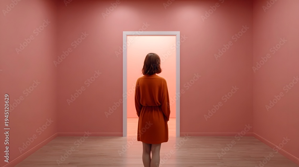 Fototapeta premium A solitary woman in an orange dress stands before an open brightly lit doorway in a minimalist pink room