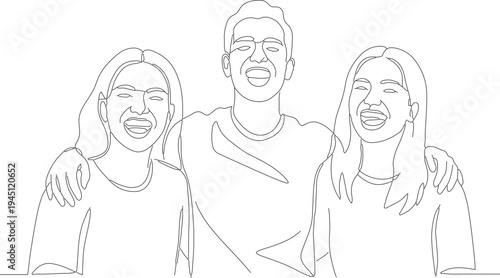 Minimalist Outline Three People Hugging Each Other Line Drawing Illustration