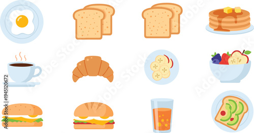 Breakfast Food Icon Set with Egg Bread Pancakes Coffee Croissant Fruit Bowl Sandwich Juice and Healthy Morning Meal Collection