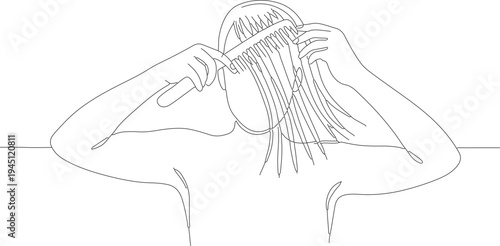 Minimalist One Line Drawing Woman Combing Hair with a Comb Illustration