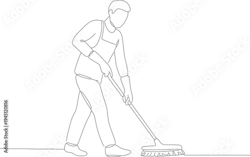Minimalist Line Art Janitor Sweeping Floor Illustration with Mop and Broom
