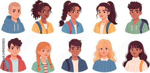 Diverse Young People Avatar Portrait Collection with Male and Female Student Characters Casual Hairstyles and Friendly User Profile Cartoon Vector Set