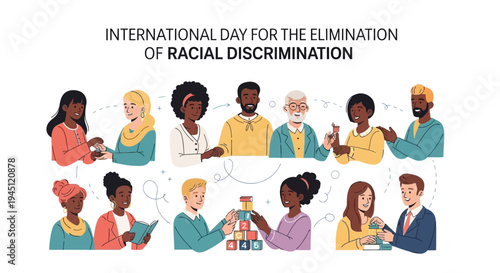 Illustration of diverse people around the International Day for the Elimination of Racial Discrimination logo on a white background, promoting unity and equality.