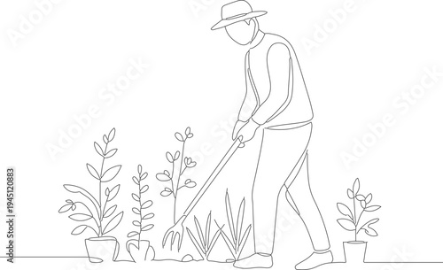 Minimalist Line Art Man Gardening with Rake and Plants Illustration
