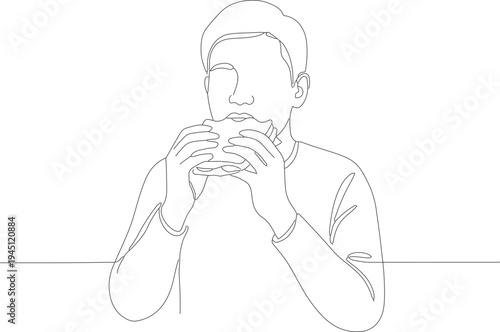 Continuous Line Drawing Man Enjoying a Large Burger Meal Illustration
