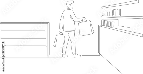 Minimalist Line Art Man with Shopping Bags in Supermarket Illustration