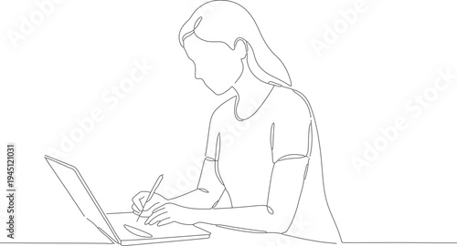 Minimalist Line Art Woman Working on Laptop Computer Illustration