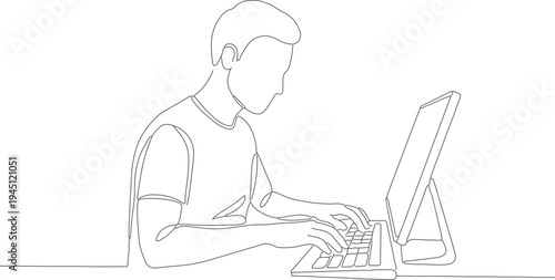 Simple Line Drawing Young Man Typing on Computer Illustration