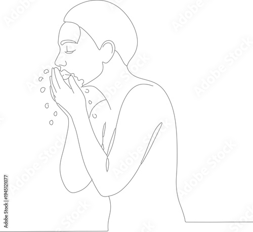 Simple Line Art Woman Washing Face Skincare Beauty Treatment Illustration