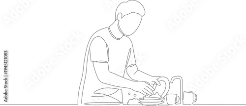 Minimalist Outline Man Doing Dishes at Sink Continuous Line Art