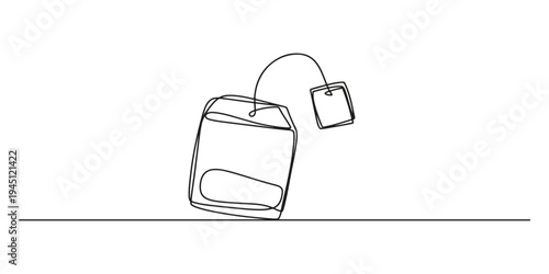 paper tea bag continuous one line drawing, One continuous line drawing of paper tea bag. Hot herbal drink for morning routine and breakfast in simple linear style. Editable stroke. Doodle vector