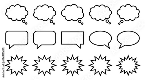 Black-and-white comic-style bubbles including thought clouds, speech ovals, and starburst exclamations, arranged in a simple grid layout.
