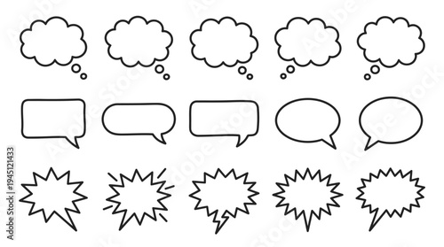 Black-and-white comic-style bubbles including thought clouds, speech ovals, and starburst exclamations, arranged in a simple grid layout.