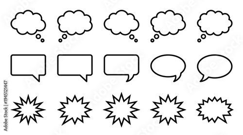 Black-and-white comic-style bubbles including thought clouds, speech ovals, and starburst exclamations, arranged in a simple grid layout.