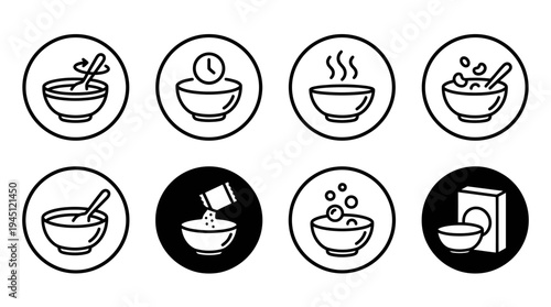 Black-and-white circular food preparation icons showing bowls, spoons, steam, timing, pouring, mixing, bubbles, and packaged ingredients.