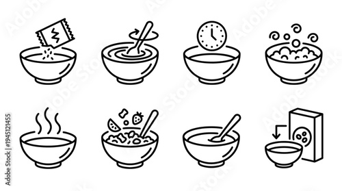 Step-by-step black-and-white line illustrations showing instant soup preparation process: pouring, stirring, waiting, boiling, steaming, adding, serving.