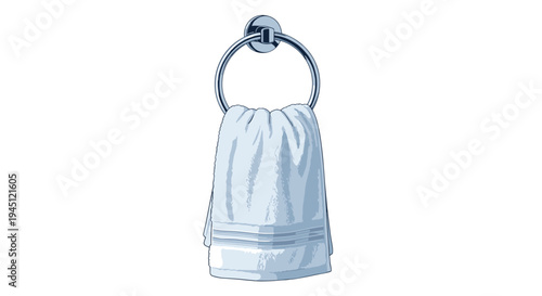 Clean white bathroom towel hanging from a circular metal rack providing a simple and essential utility for daily personal hygiene.