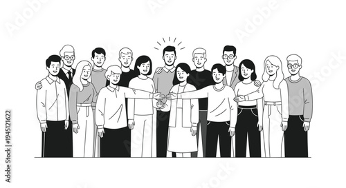 Diverse group of people standing together in a line to represent community unity and teamwork through a simple black and white sketch.