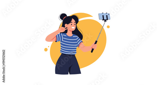 Energetic young woman holding a selfie stick and taking a picture while gesturing with a peace sign on a bright yellow background.