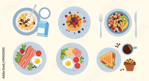 Various plates of healthy breakfast food including pancakes bacon eggs cereal and fruit laid out on a light yellow table surface.