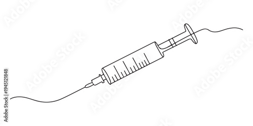 Syringe icon continuous one line drawing minimalist outline illustration, One continuous line drawing of medicine set with syringe and vial, Medical syringe and medicine vial. Pharmaceutical component