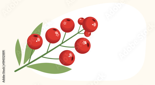 Branch of bright red berries with green leaves on a light background illustrating natural beauty and seasonal forest flora.