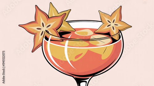 Vibrant pink cocktail with starfruit garnish in wine glass on light background