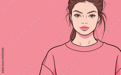 A young woman stands in front of a pink background wearing a shirt. She looks directly at the viewer with a neutral expression.