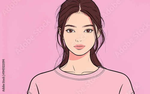 A woman stands facing forward with long hair and a light shirt in front of a soft pink background. She has a calm expression on her face.