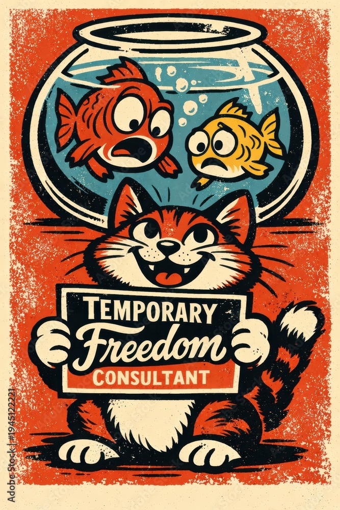 Fototapeta premium Cartoon cat celebrating temporary freedom in retro fishbowl office concept with surprised goldfish illustration