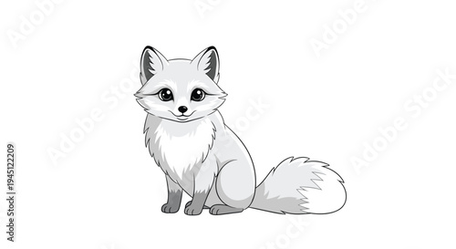 Adorable white arctic fox sitting on a white background featuring large expressive eyes and fluffy fur for wildlife and animal lovers.