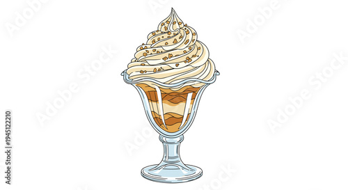 Tall glass of caramel ice cream sundae with layers of cream and sauce topped with a swirl of whipped cream and crushed nuts.