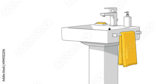 Modern white bathroom sink with a chrome faucet a yellow hand towel and a bottle of liquid soap on a light gray pedestal.