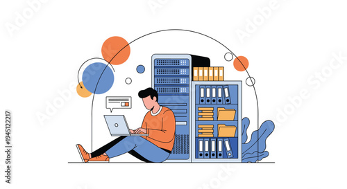 IT professional technician sitting on the floor and working on a laptop while managing a server rack and organized file shelves.