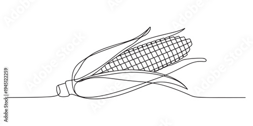 Continuous one line drawing of corn, One line drawing illustration of vegetarian food, sketch isolated on white background. Vector illustration. 