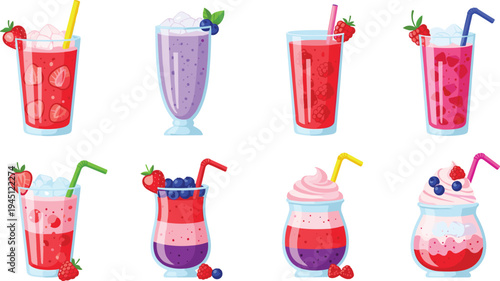 Colorful Berry Smoothie and Milkshake Drink Icon Set Featuring Strawberry, Raspberry, Blueberry Fruit Beverages with Ice, Cream and Straws for Summer Menu Design